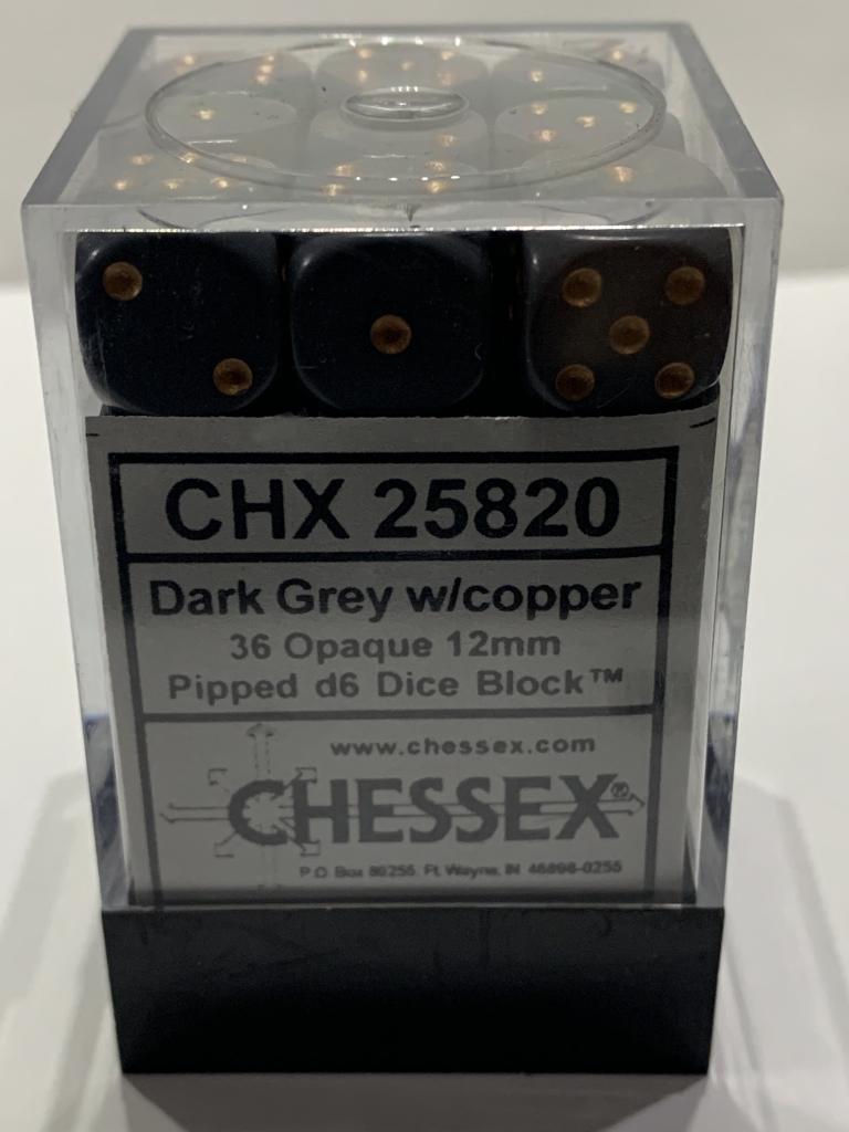 Chessex - 36 Dark Grey w/copper Opaque - 12 mm in Acrylbox